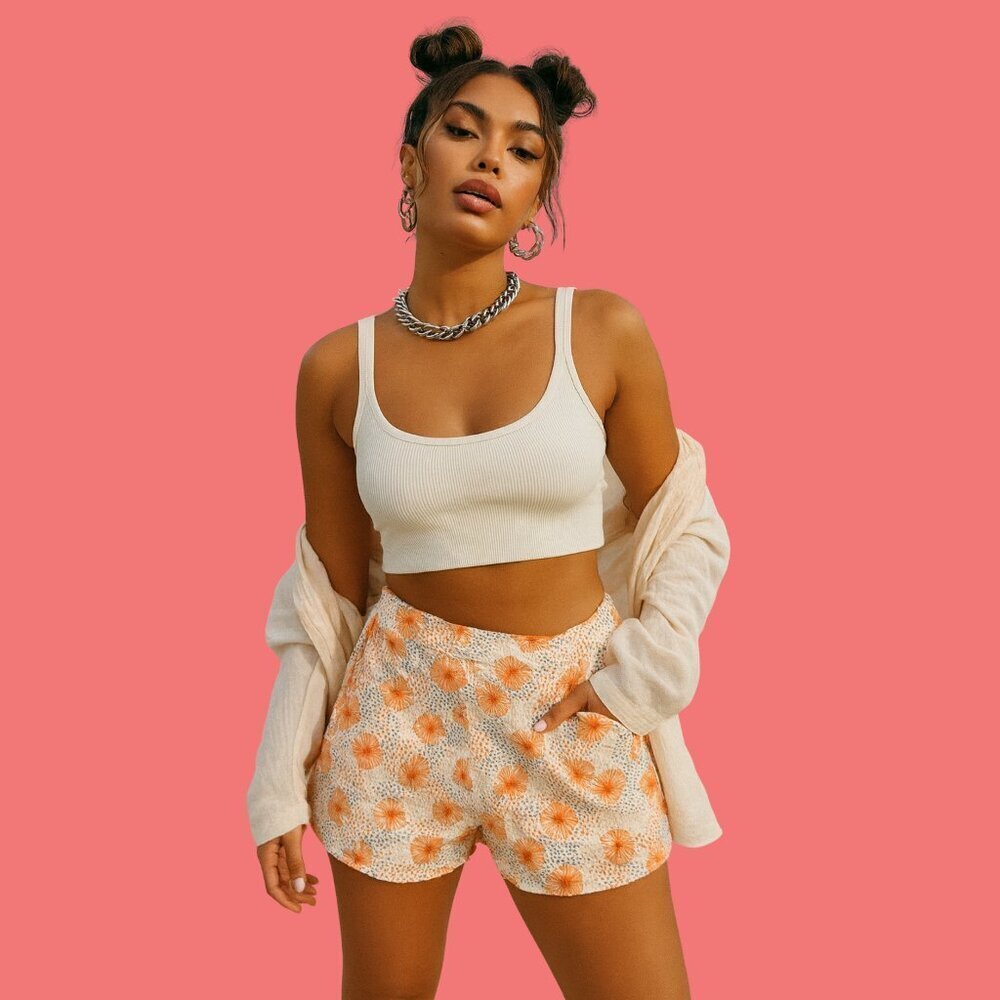 🌸 SissstRevolution Floral Crinkle High-Waisted Shorts (Size M)